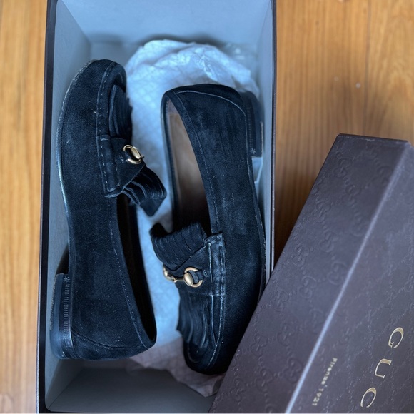 Gucci Shoes - Gucci Black Suede Loafers with Gold Horsebit